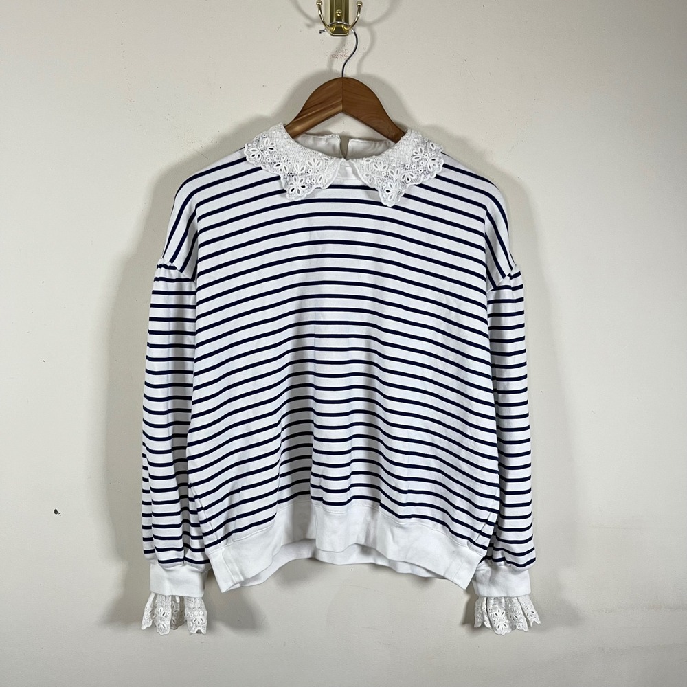 J. Crew Striped Crewneck Sweatshirt Lace Trim Peter Pan Collar Striped Large